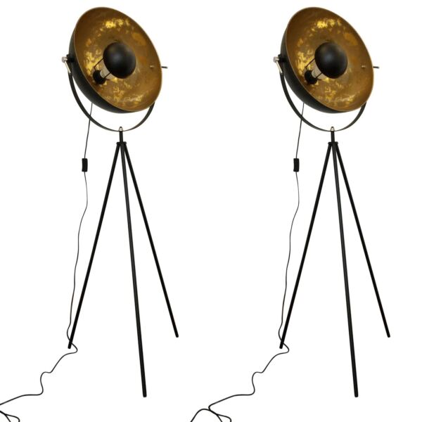 Set of 2 Black Tripod Studio Lamps with Gold Leaf Shades