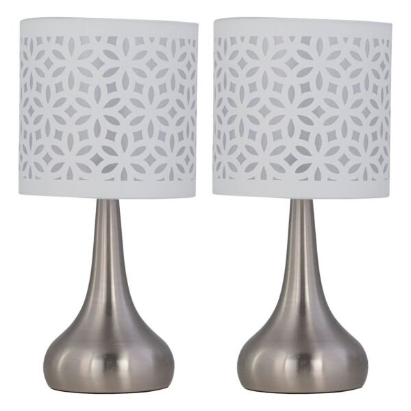 Set of 2 Romana - Brushed Chrome Touch Operated Table Lamps Bedside Lights White Laser Cut Shade