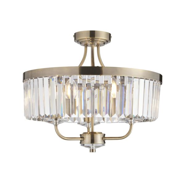 Streisand - Antique Brass Clear Cut Glass 3 Light Flush Ceiling Light