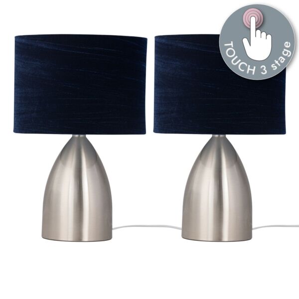 Set of 2 Valentina - Brushed Chrome Touch Lamps with Navy Crushed Velvet Shades