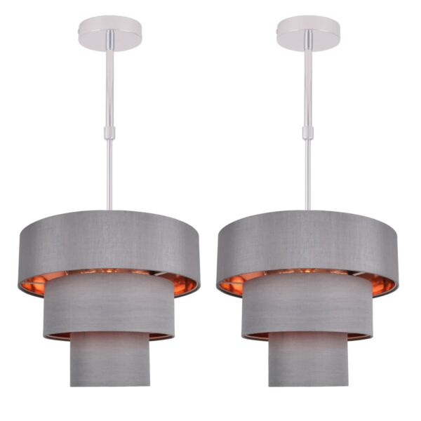 Set of 2 Staggered 3 Tier Grey Faux Silk Slub Fabric Ceiling Adjustable Flush Shade with Copper Board Inner