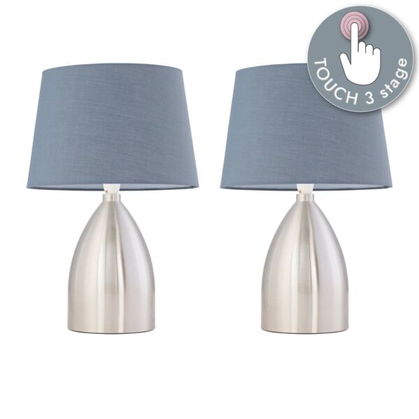 Set of 2 Valentina - Brushed Chrome Touch Lamps with Grey Cotton Shades