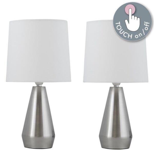 Set of Two Brushed Chrome Touch Lamps with Ivory Shades