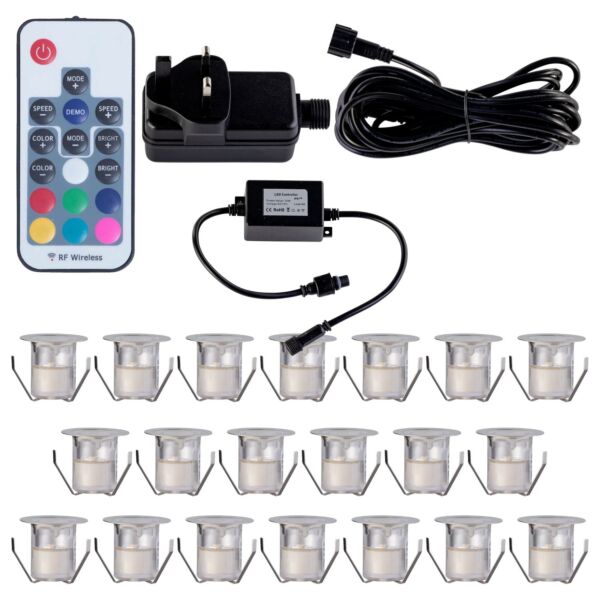 Set of 20 - 30mm Stainless Steel IP67 Colour Changing LED Decking Kit