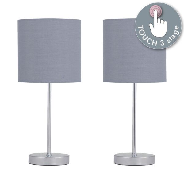 Set of 2 Chrome Touch Operated Table Lamp with Grey Cotton Shades