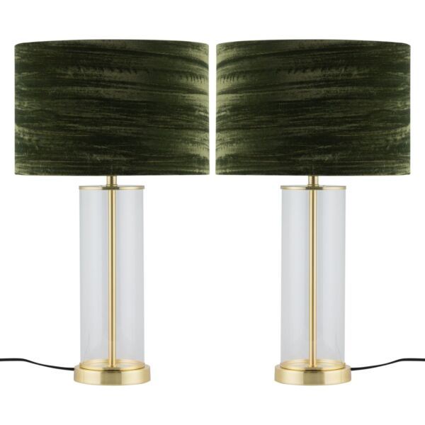 Set of 2 Aura - Satin Brass Lamps with Green Crushed Velvet Shades