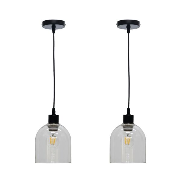 Set of 2 Belten - Clear Glass Cloche with Black Pendant Fittings