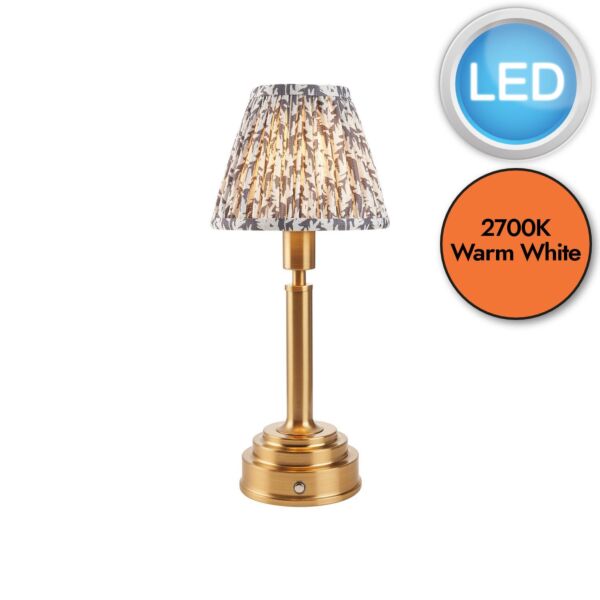 Endon Lighting - Upton Rechargeable & Leaf 16cm - 114873 - LED Aged Brass Grey Touch Table Lamp With Shade