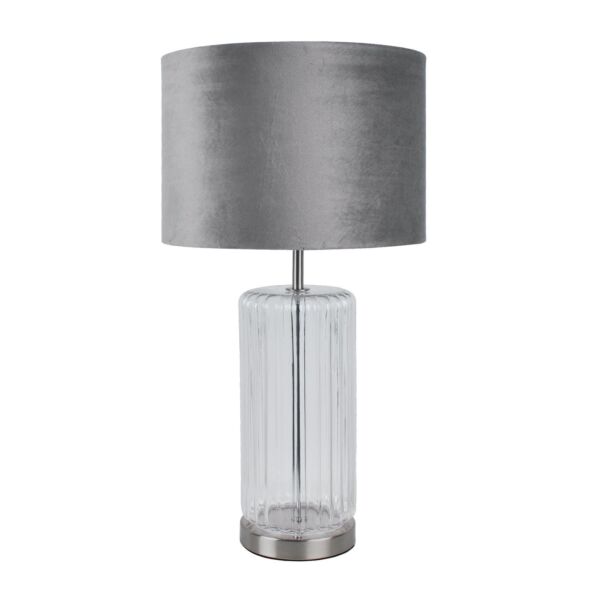 Clear Fluted Glass Lamp with Grey Velvet Shade