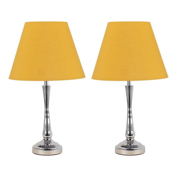 Set of 2 Chrome Table Lamps with Stem Detail and Ochre Shades