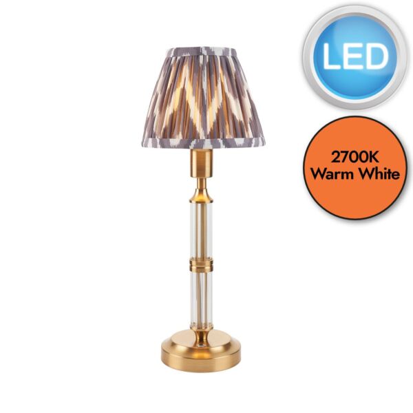 Endon Lighting - Morton Rechargeable & Zigzag 16cm - 114835 - LED Aged Brass Grey Touch Table Lamp With Shade