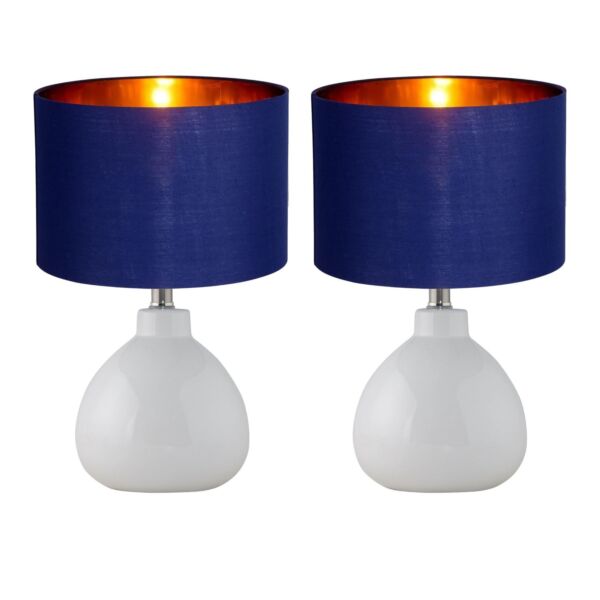 Set of 2 Tuscan - White Ceramic Lamps with Navy Blue & Gold Shade