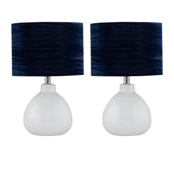 Set of 2 Tuscan - White Ceramic Lamps with Navy Crushed Velvet Shade