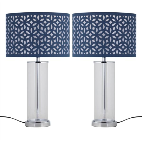 Set of 2 Aura - Chrome Table Lamps with Navy Blue Cut Out Shades