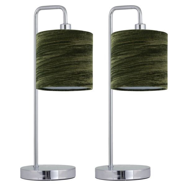 Set of 2 Chrome Arched Table Lamps with Green Crushed Velvet Shades