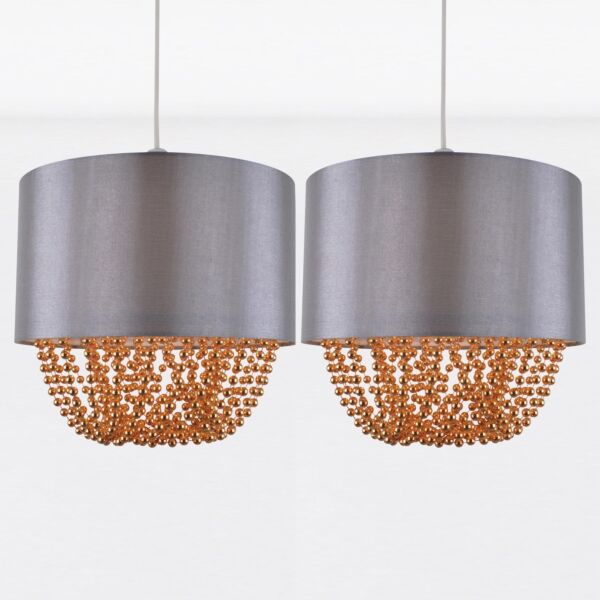 Set of 2 Grey Faux Silk & Copper Jewelled Ceiling Light Shades