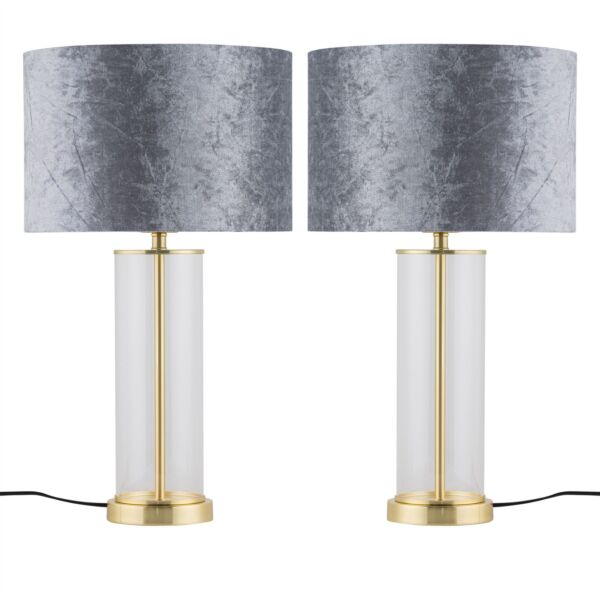 Set of 2 Aura - Satin Brass Lamps with Grey Crushed Velvet Shades