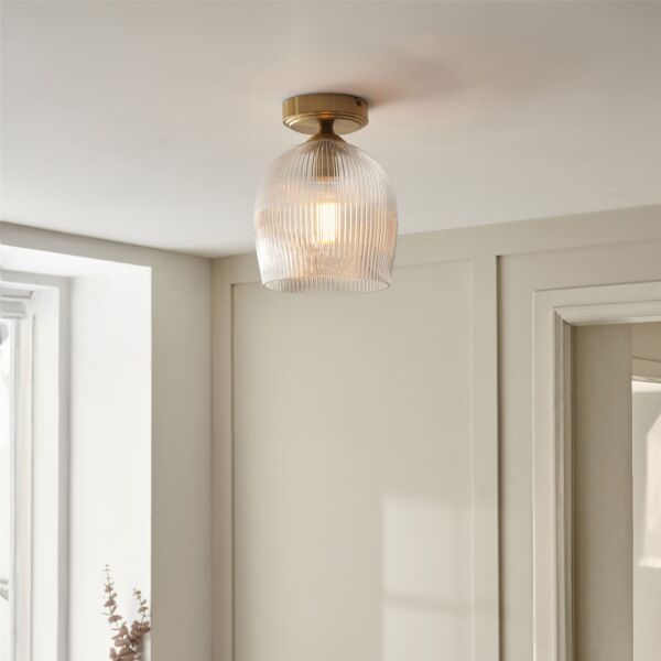 Endon Lighting - Ashcroft - 120623 - Aged Brass Clear Ribbed Glass Flush Ceiling Light