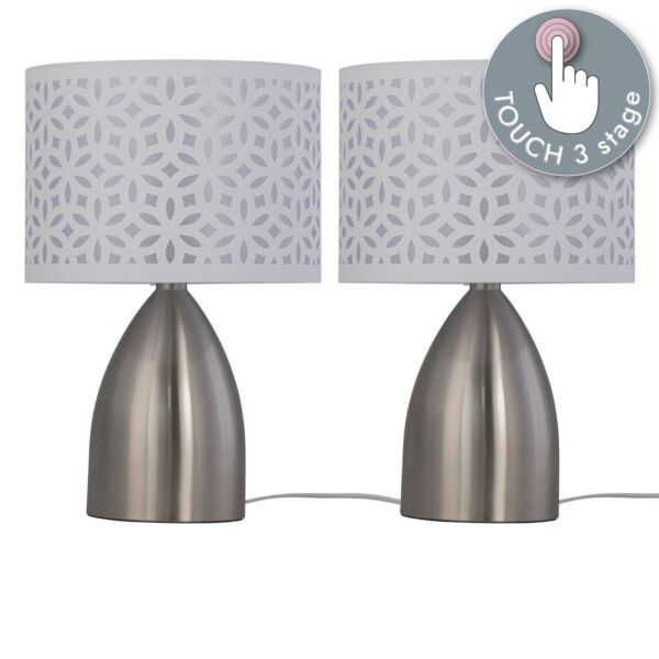 Set of 2 Valentina - Brushed Chrome Touch Lamps with White Cut Out Shades