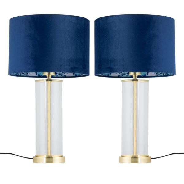 Set of 2 Aura - Satin Brass Lamps with Navy Velvet Parrot Shades