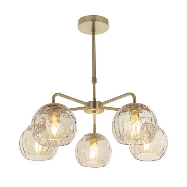 Endon Lighting - Dimple - 91969 - Satin Brass Clear Champagne Glass 5 Light Ceiling Pendant Light