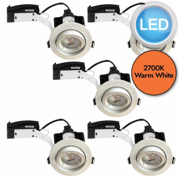 Set of 5 - Gloss White Tilt Recessed Ceiling Downlights with Warm White LED Bulbs