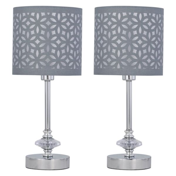 Set of 2 Chrome Jewelled Table Lamps with Grey Cut Out Shades