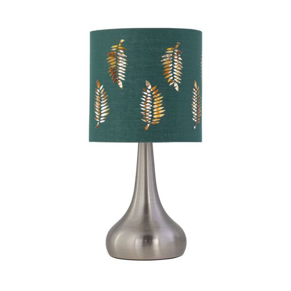 Romana - Brushed Chrome Touch Operated Table Lamp with Dark Green Fern Shade