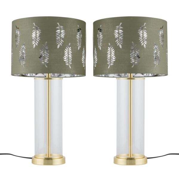 Set of 2 Aura - Satin Brass Lamps with Sage Green Fern Silver Shades