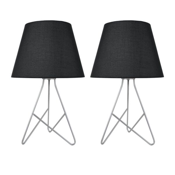 Set of 2 Tripod - Silver 42cm Table Lamps With Black Fabric Shades