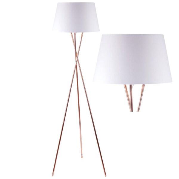 Copper Tripod Floor Lamp with White Fabric Shade