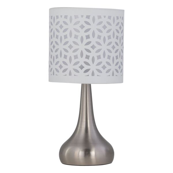 Romana - Brushed Chrome Touch Operated Table Lamp with White Laser Cut Shade