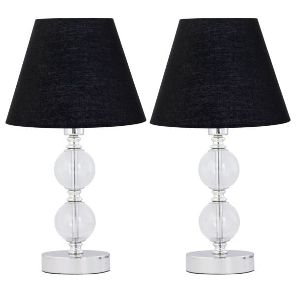 Set of 2 Chrome Two Ball Table Lamps with Black Shades