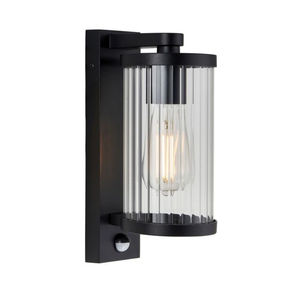 Endon Lighting - Newcombe - 120537 - Black Clear Ribbed Glass IP44 Outdoor Sensor Wall Light