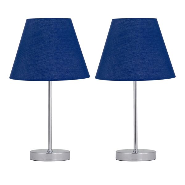 Set of 2 Chrome Stick Table Lamps with Navy Blue Fabric Shades