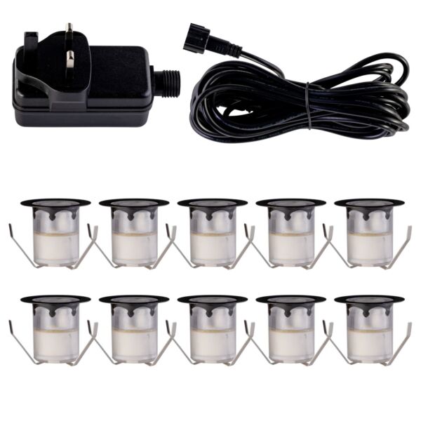 Set of 10 - 30mm Black Rim IP67 Warm White LED Plinth Decking Kit