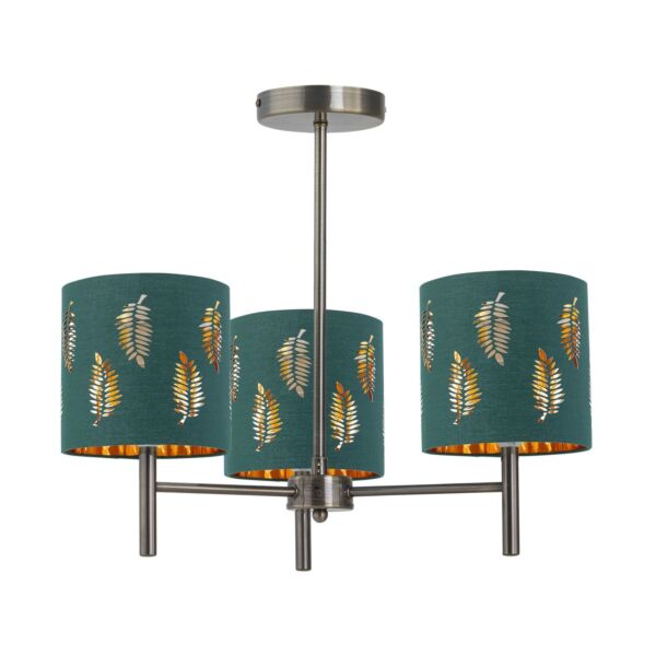 Brea - Antique Brass 3 Light Fitting with Dark Green Fern Shades