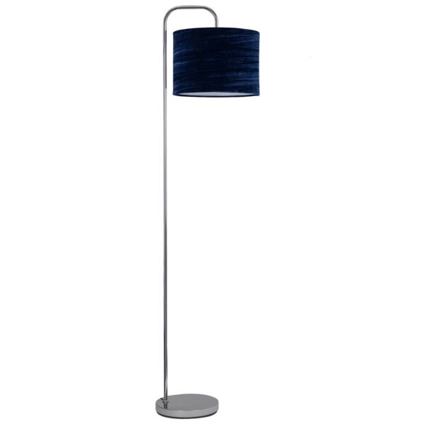 Chrome Arched Floor Lamp with Navy Blue Crushed Velvet Shade