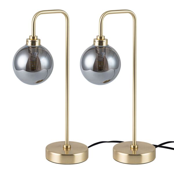 Set of 2 Toner - Satin Brass with Smoked Glass Globe Table Lamps