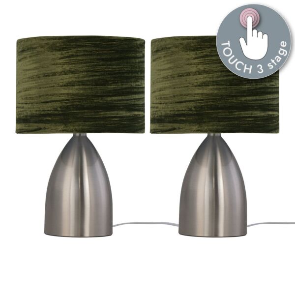 Set of 2 Valentina - Brushed Chrome Touch Lamps with Dark Green Crushed Velvet Shades