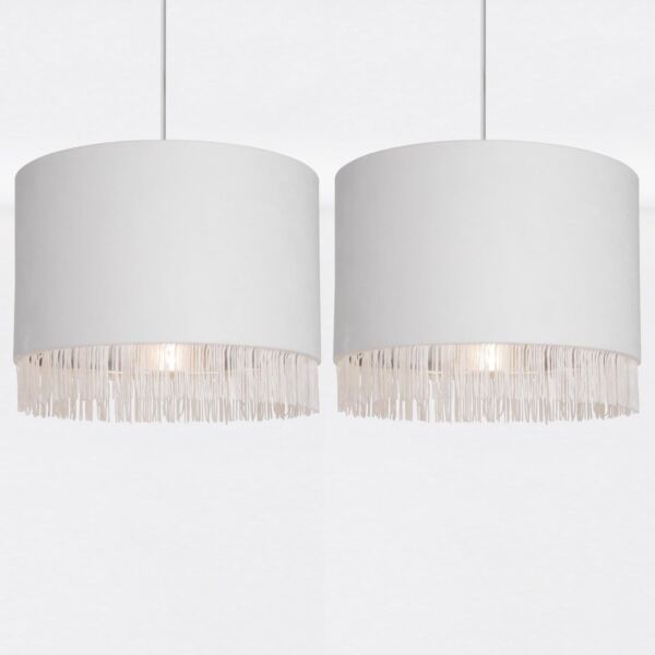 Set of 2 Off White Velvet With Chrome Inner Tassled Light Shades