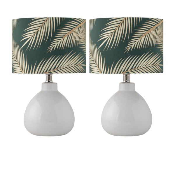 Set of 2 Tuscan - White Ceramic Lamps with Tropical Green Shade