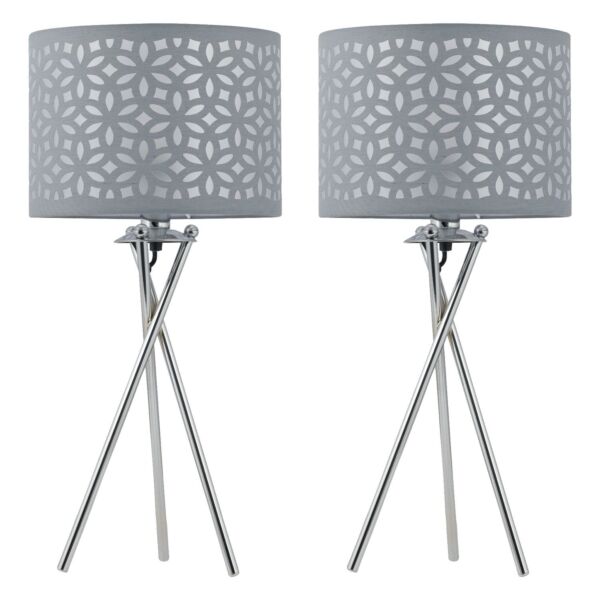 Set of 2 Chrome Tripod Table Lamps with Grey Laser Cut Shades