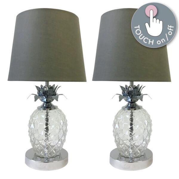 Pair of Chrome Pineapple Touch Lamps with Grey Shades