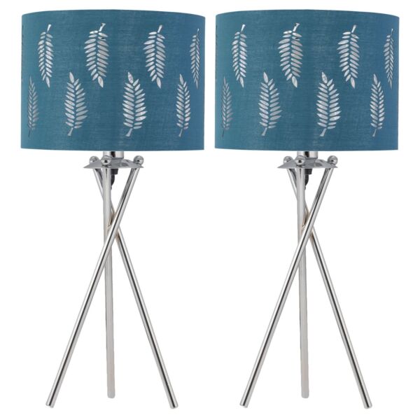 Set of 2 Tripod Table Lamps with Teal Fern Cut Out Shades