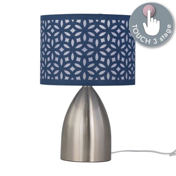 Valentina - Brushed Chrome Touch Lamp with Navy Blue Cut Out Shade