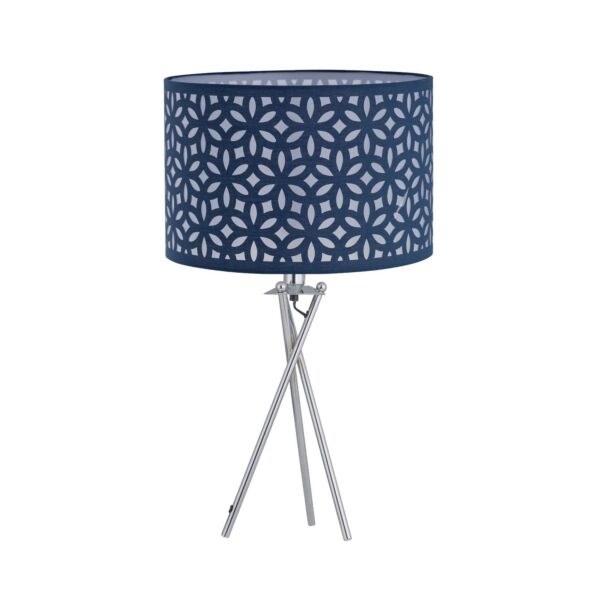 Chrome Tripod Table Lamp with Navy Blue Laser Cut Shade