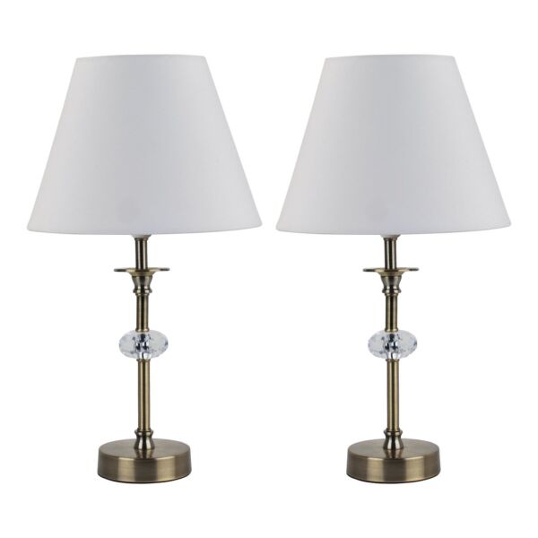 Set of 2 Antique Brass Table Lamps with Facet Detail and Ivory Shades