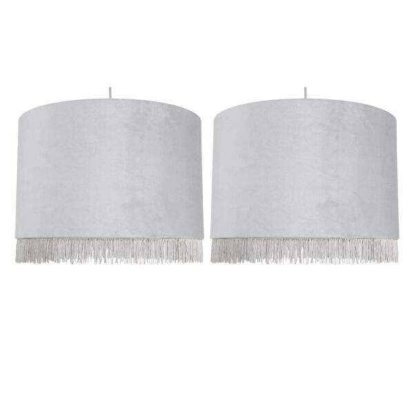 Set of 2 Fringed - Silvery Grey 38cm Fringed Velvet Pendant Shades