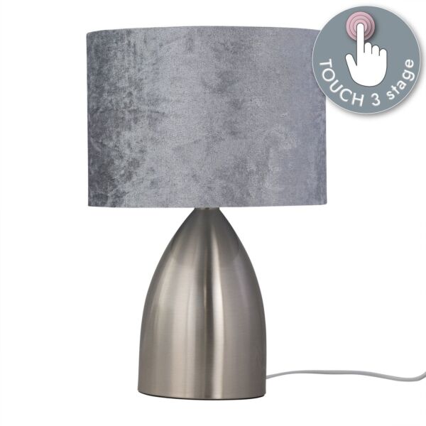 Valentina - Brushed Chrome Touch Lamp with Grey Crushed Velvet Shade